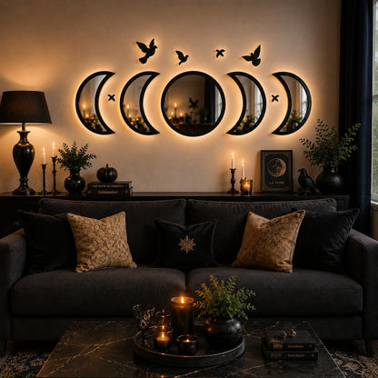 NESHE Moon Phase Mirror Wall Decor Set with Birds | Gothic Witchy Boho Wall Mirror Decor | Scandinavian Aesthetic Home Decor for Bedroom Living Room (Black)