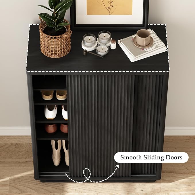 Fluted Shoe Cabinet with Sliding Door Set of 2, 6-Tier Large Hidden Storage - Image 4