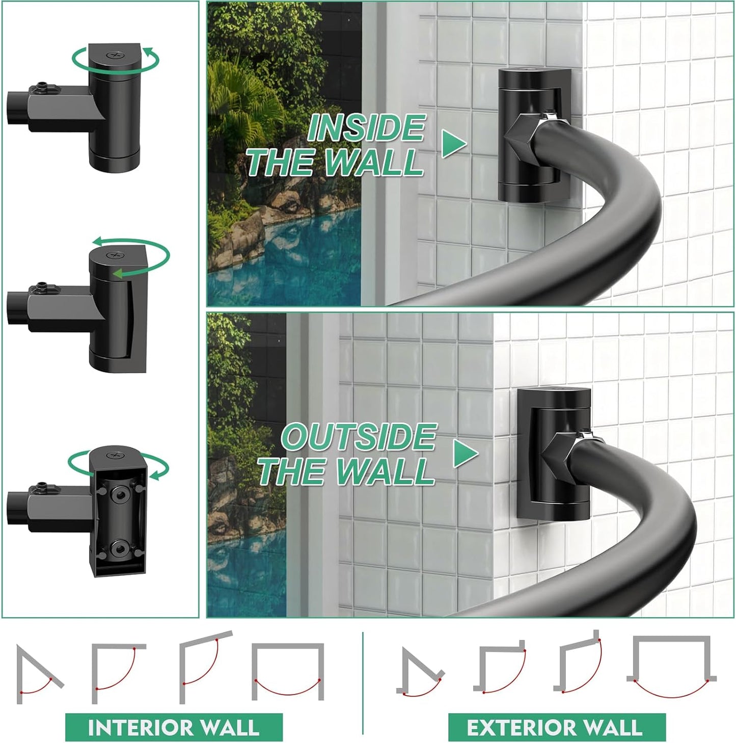 Curved Shower Curtain Rod For Bathroom, 38-72 Inches Adjustable, Black | Need To Drill, Easy Installation, 0.9MM thickness, Rotate Bracket For Extra 30% Large Shower Space, Round Shower Rod