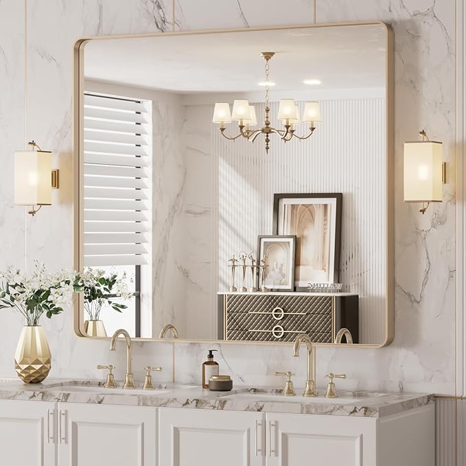 LOAAO 40”X36” Gold Bathroom Mirror, Rounded Rectangle Gold Frame Mirror - Image 7