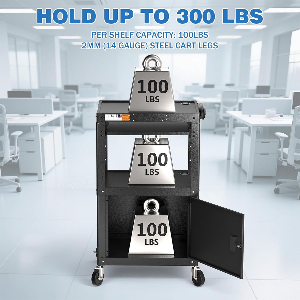 POCHAR Steel Large AV Cart with Locking Cabinet - Adjustable Height Media Car...