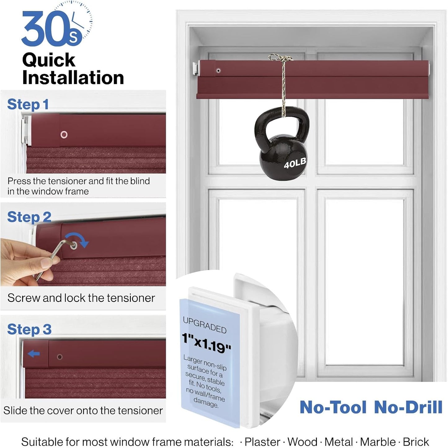 No Drill Cordless Cellular Shade, Mahogany, Custom Size | Blackout, Thermal Insulated, Protects Privacy, Safe Cordless Design, Easy Install, Pull Down Pleated Honeycomb Blind