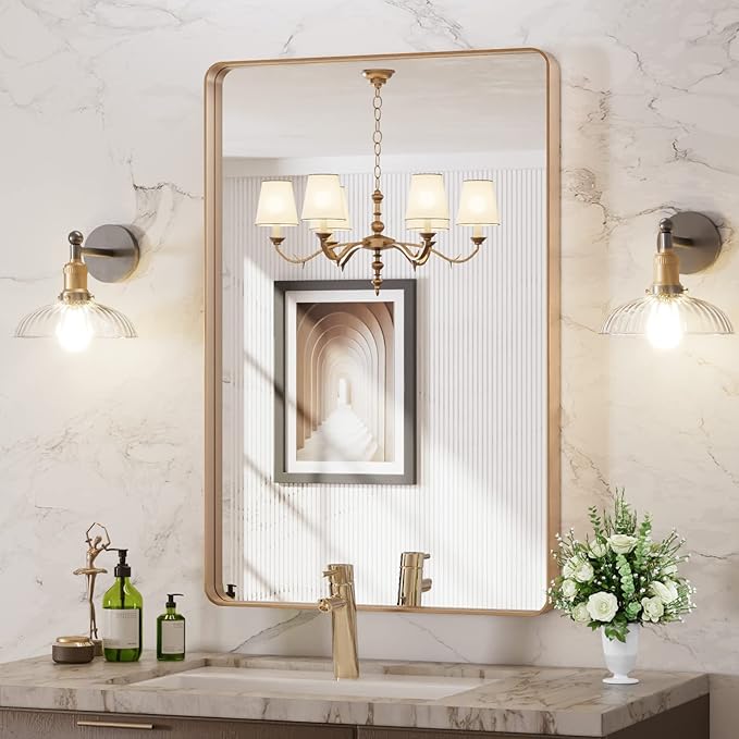 LOAAO 24”X36” Gold Bathroom Mirror, Rounded Rectangle Gold Frame Mirror by LOAAO