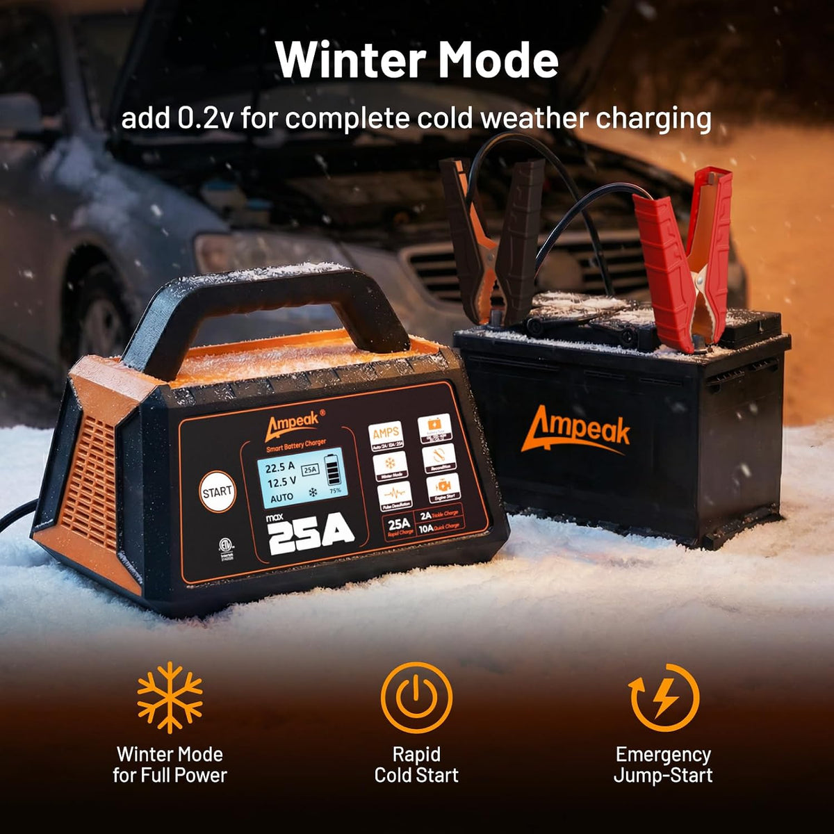 Ampeak 25A 12V Battery Charger, 2/10/25A Smart Maintainer, ETL Certified
