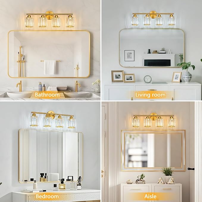FDPBY Modern 4 Light Crystal Vanity Light, Brushed Gold Vertical Bathroom Light - Image 4