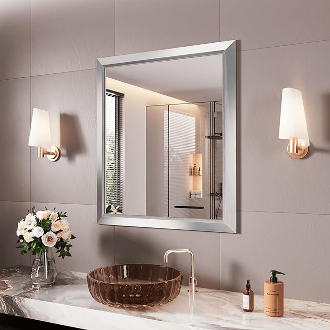 Amorho Bathroom Mirror, 28x32 Inch Silver Thick Metal Framed Wall Mirrors by Amorho