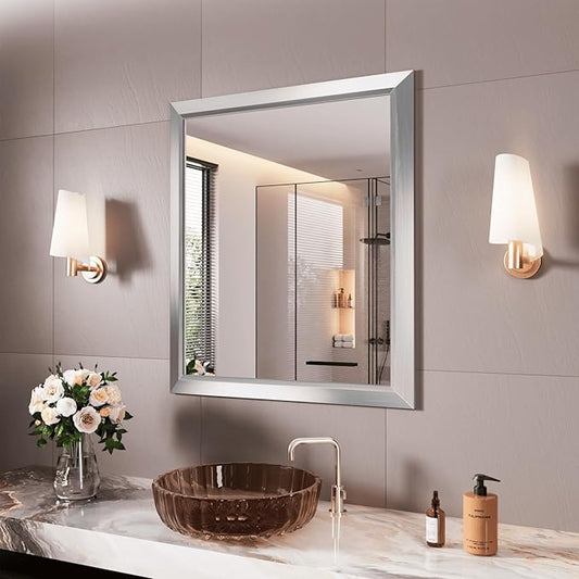 Amorho Bathroom Mirror, 28x32 Inch Silver Thick Metal Framed Wall Mirrors by Amorho