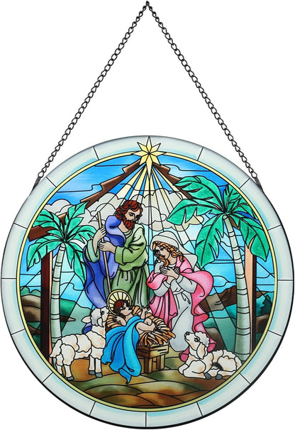 MUMTOP Nativity Stained Glass Window Hanging Christmas Wall Decor | Nativity scene glass suncatcher, hand-painted textured artwork, Christmas window decor and religious wall art