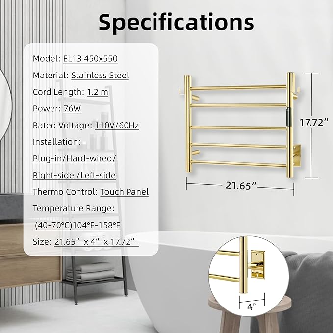 P&Bhusri Polished Gold Heated Towel Rack, 21.65" L x 17.72" H 5-bar Fast Dry - Image 6