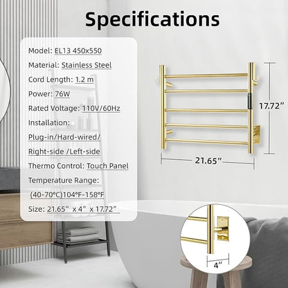 P&Bhusri Polished Gold Heated Towel Rack, 21.65" L x 17.72" H 5-bar Fast Dry - Image 6