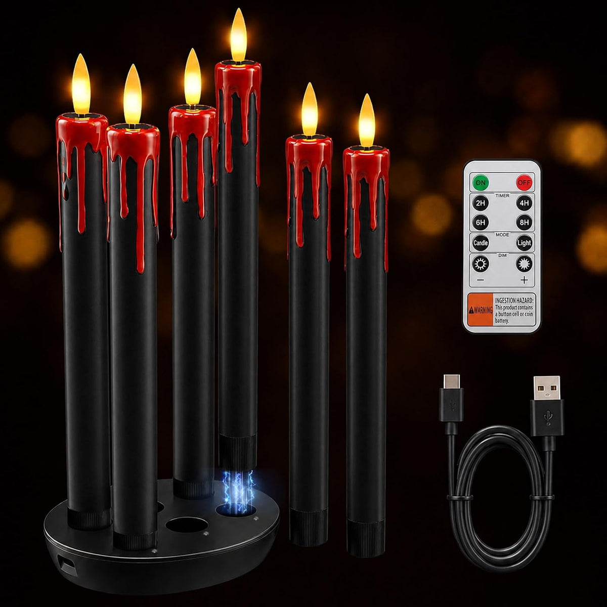 Patiphan Rechargeable Halloween Flameless Taper Candles with Remote, 6 Pcs
