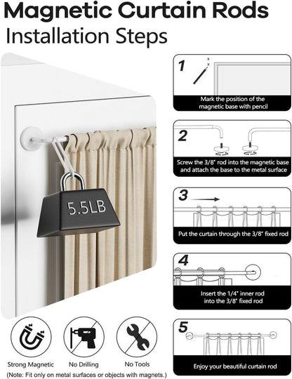 2 Pack Magnetic Curtain Rods for Metal Door, Adjustable 18 to 30 Inch Curtain Rod, 3/8" Diameter Magnet Rods for French Doors Window Cafe(White, 2Pack)