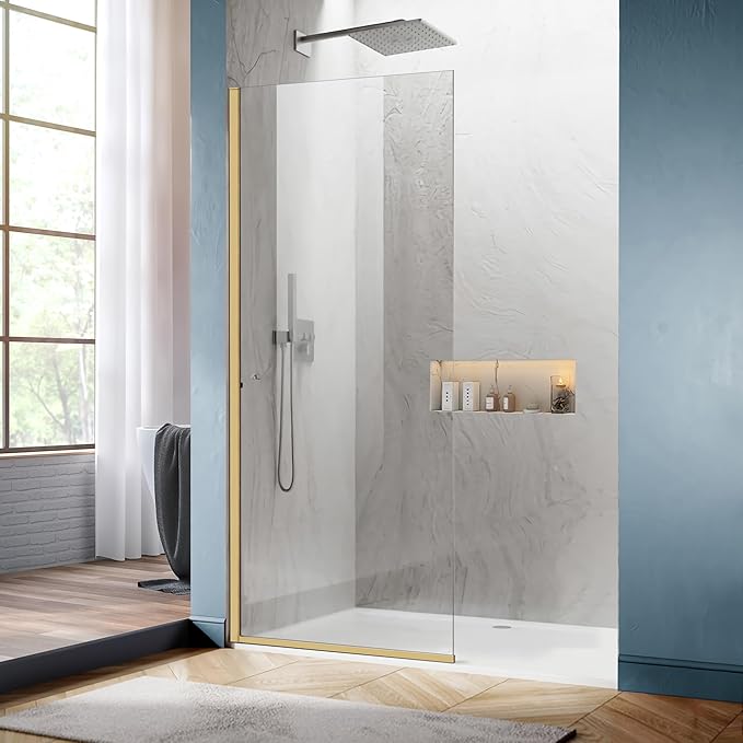 Semi-Framed Shower Glass Door, 5/16" Thick Clear Tempered Glass, Brushed Gold by Jinxi+Home