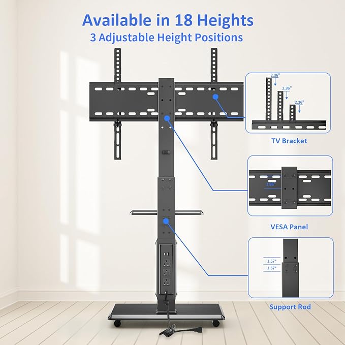 Rolling TV Stand with Power Outlet, Mobile TV Cart - Image 5