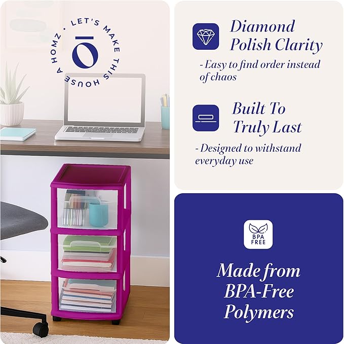 HOMZ Drawer Tower, 3-Tier Clear Plastic Storage Organizer Cart, and Classroom - Image 5