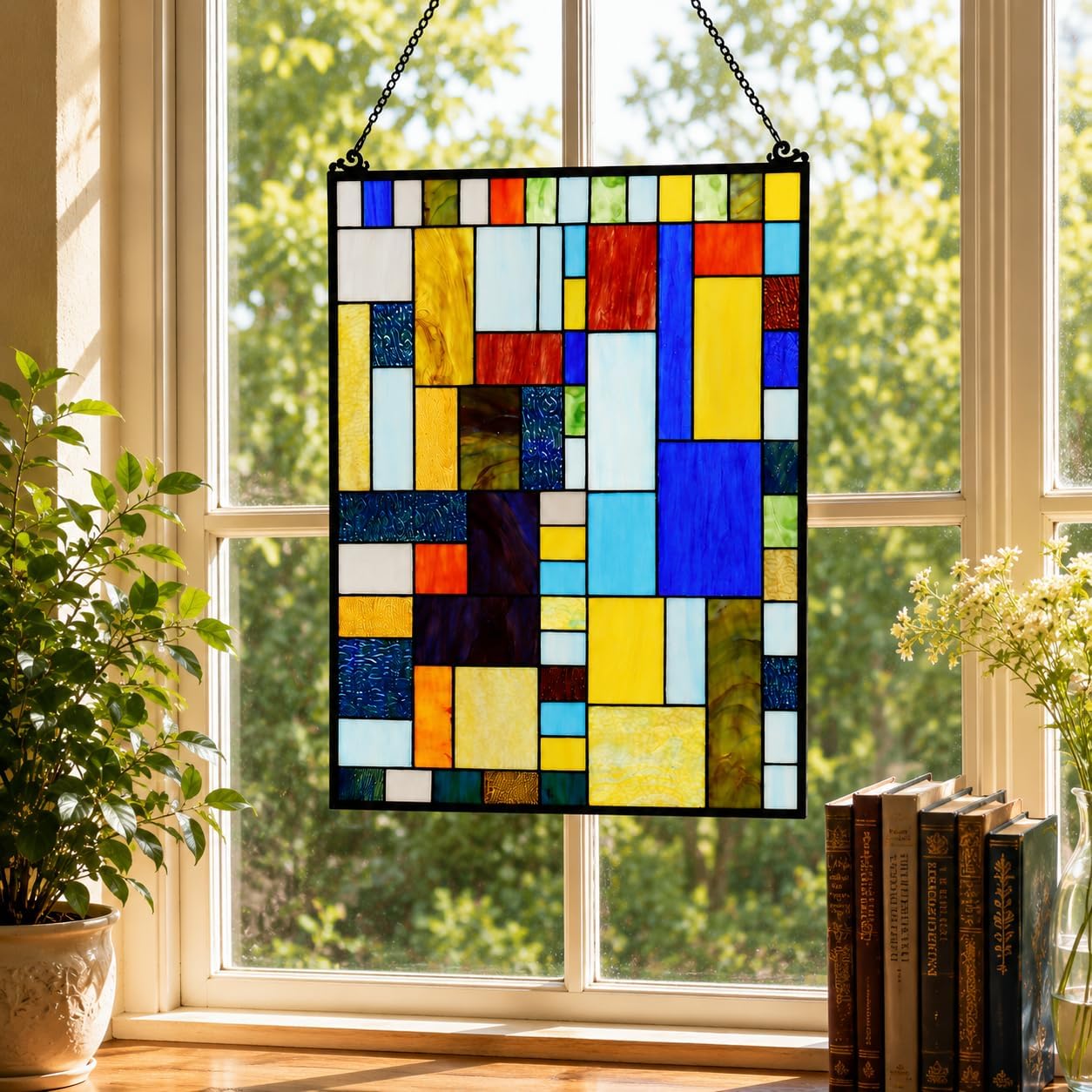 Bieye Geometric Color Block Tiffany Style Stained Glass Window Panel with Hanging Chain (18x25 inches W10091)