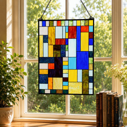 Bieye Geometric Color Block Tiffany Style Stained Glass Window Panel with Hanging Chain (18x25 inches W10091)