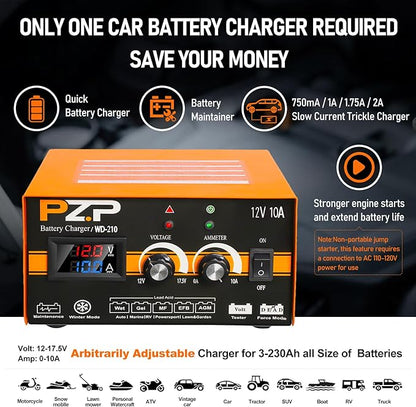 PZP 12V Manual Battery Charger Maintainer, 0 to 10A Arbitrarily Adjustable Car - Image 3