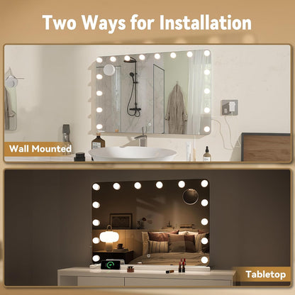 Hasipu Vanity Mirror with Lights 47" x 35", Makeup Mirror with Lights and Magnification, Hollywood Mirror with 3 Color Modes, LED Make up Mirror, Light up Mirror with USB & Type-C Charging