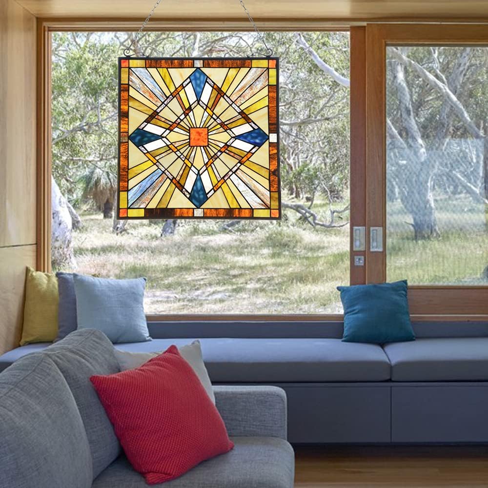 Mission Style Stained Glass Window Hangings Panels 20" W x 20" H Excellent Handicrafts Suncatcher Parents Gifts for Home Decor