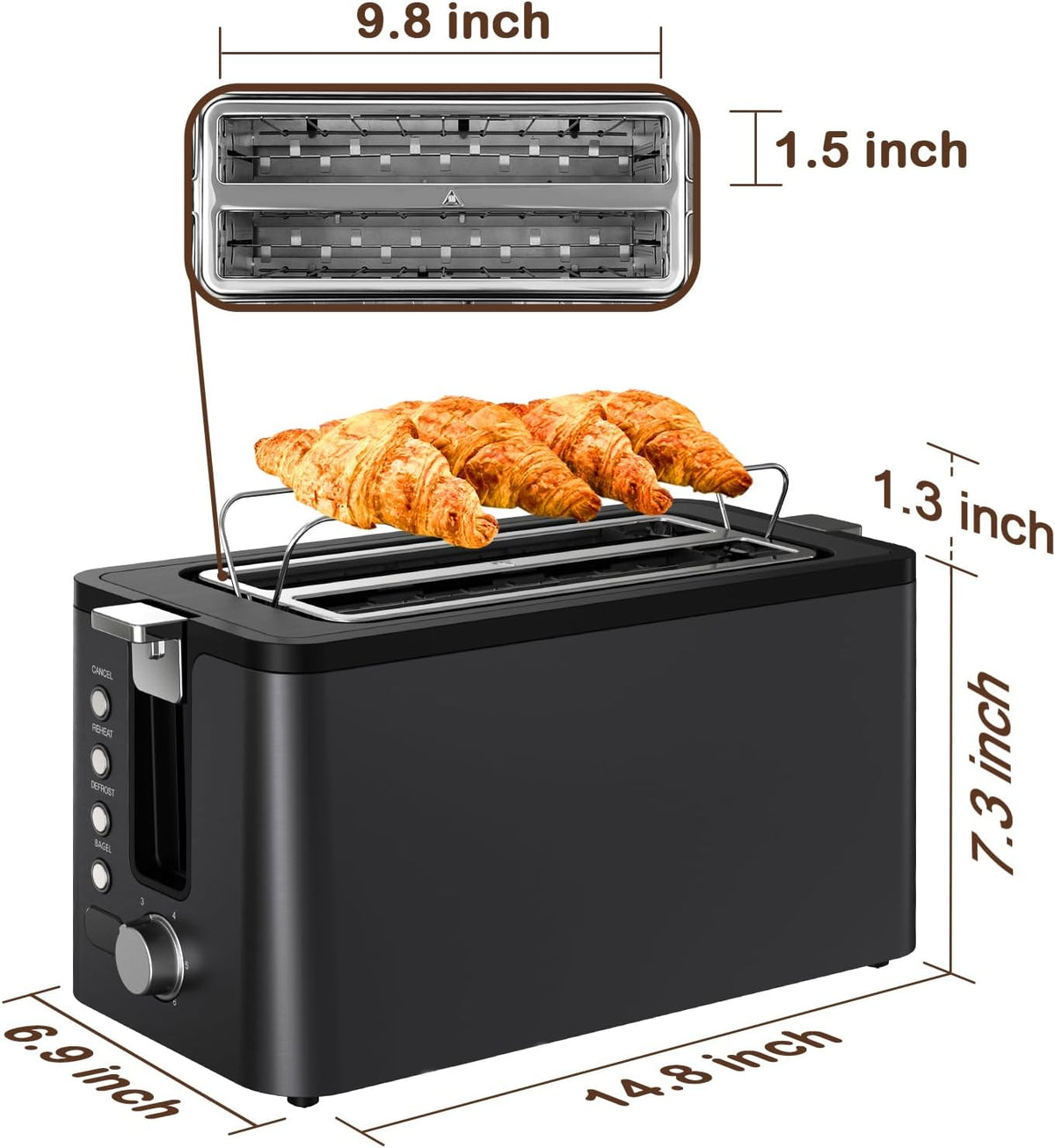 mecity 4 slice toaster, long slot toaster with, front angle view