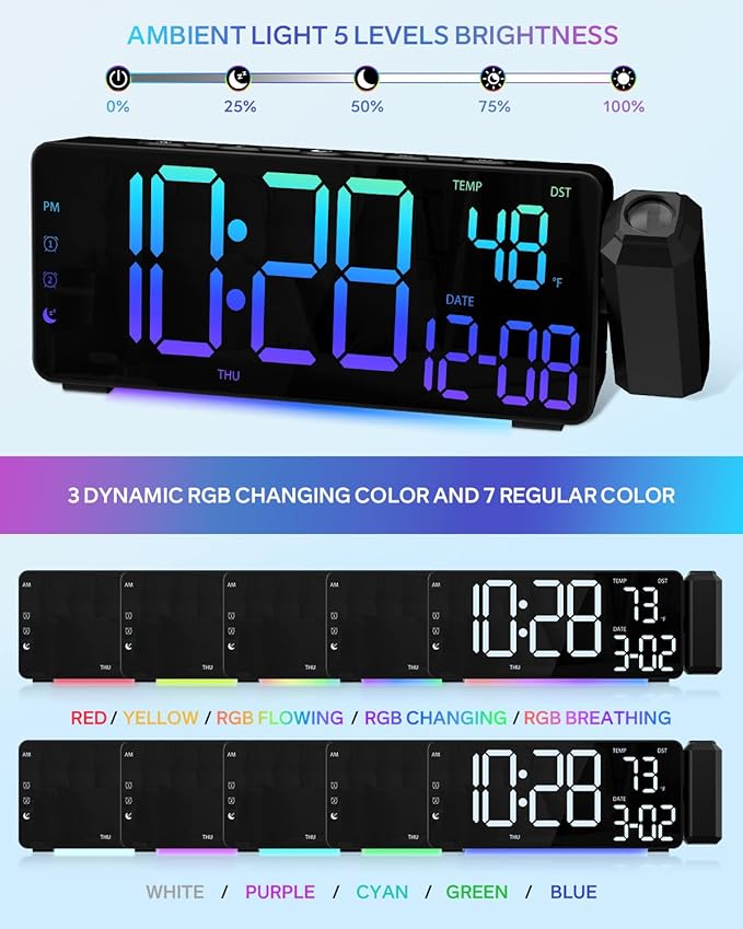 EVILTO Projection Alarm Clocks, RGB Desk Clock - Image 8