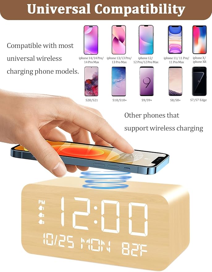 Digital Alarm Clock, with Wooden Electronic LED Time Display, 3 Alarm Settings - Image 3