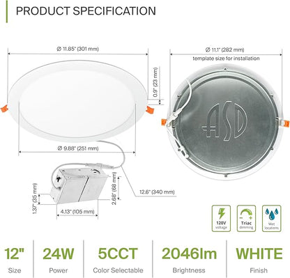ASD 1 Pack 11/12 Inch LED Recessed Lighting 24W, 5 CCT 2700K-5000K CRI90+ - Image 2