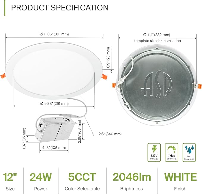 ASD 4 Pack 11/12 Inch LED Recessed Lighting 24W, 5 CCT 2700K-5000K CRI90+ - Image 2