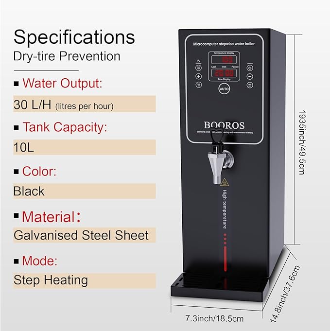 BOOROS Commercial Water Boiler 10L Hot Water Dispenser Black 1500W Commercial - Image 2