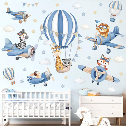 decalmile Blue Hot Air Balloon Animals Airplane Wall Decals Stickers