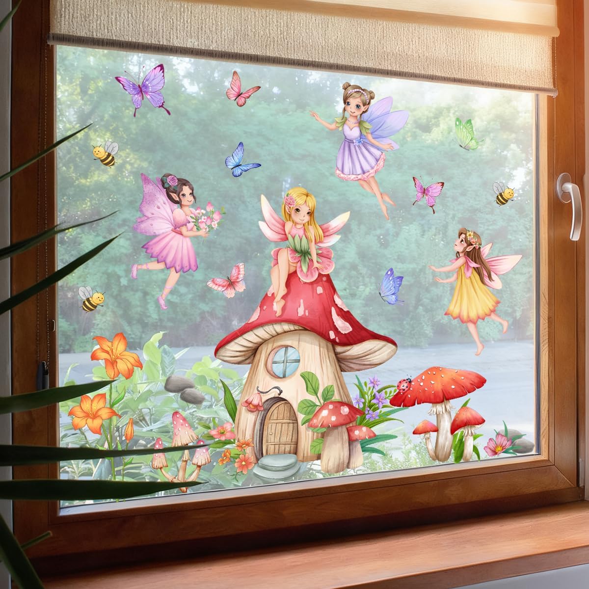 WandSticker4U - Window Stickers Self-Adhesive Fairy & Mushroom House (80 x 43 cm) I Window Sticker Children Girls Fairy Elves Flowers I Window Decoration Children's Room Girls Princess Reusable