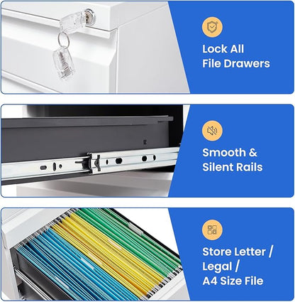 MIIIKO White Filing Cabinet 3 Drawers on Wheels Under Desk, Metal Rolling File - Image 8