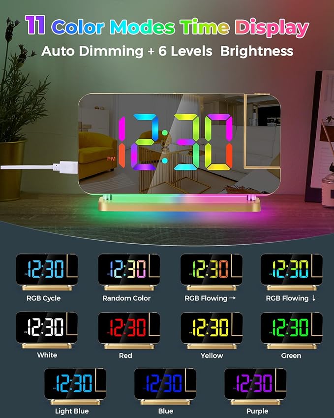SZELAM Projection Alarm Clock, 7.4" LED Mirror Digital Clocks Large Display - Image 3