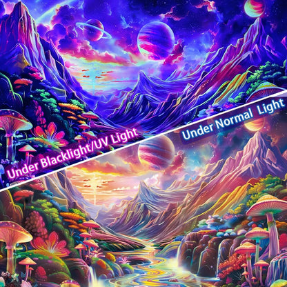 Lahasbja Blacklight Galaxy Planet Tapestry UV Reactive Mushroom Wall Hanging Fantasy Starry Stars Mountain Landscape Blacklight Poster Rainbow River Scenery Background for Bedroom