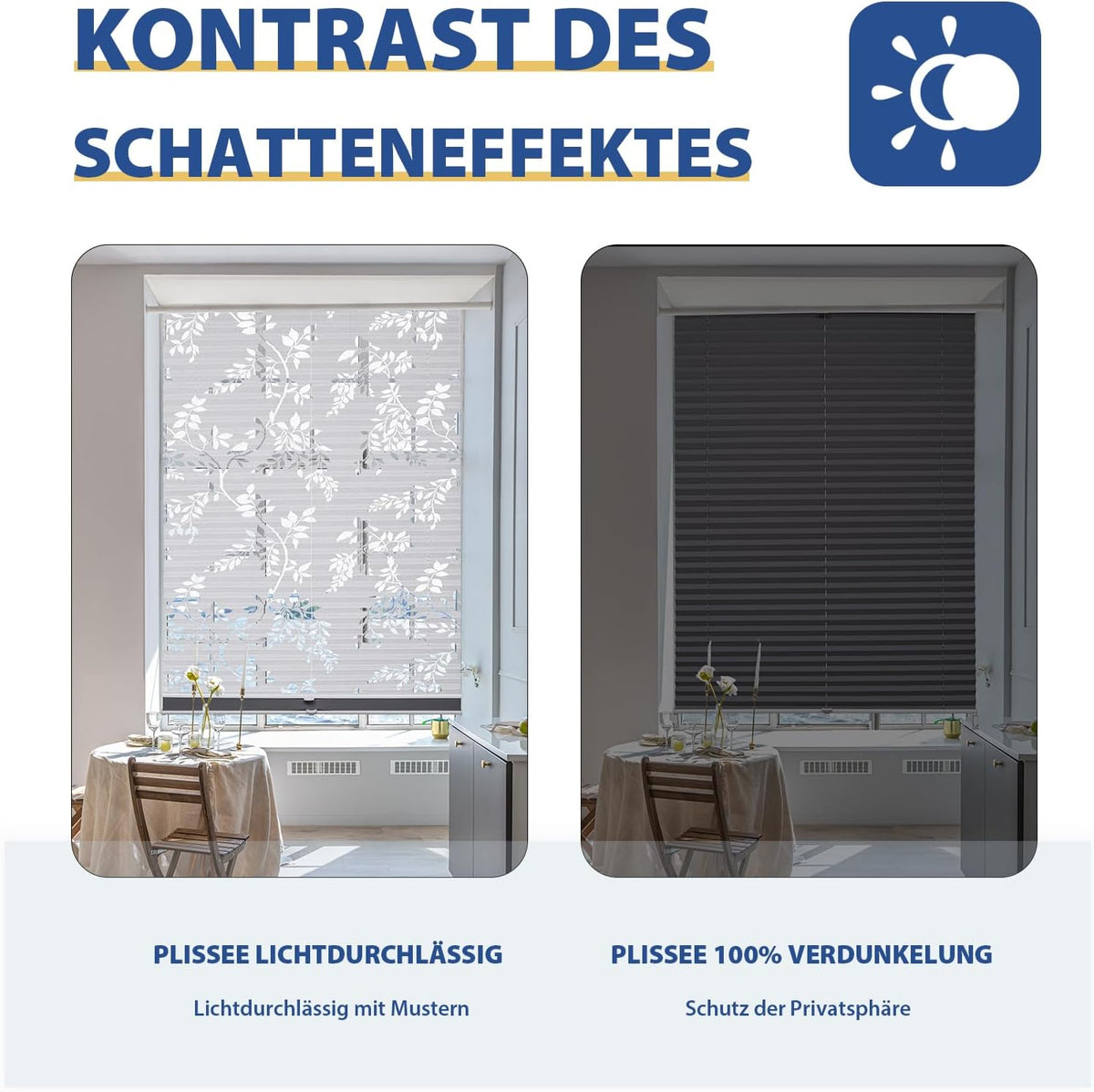 Sekey Pleated Blind Double Pleated Day+Night Blackout No Drilling Tensioned Light Protection Klemmfix Translucent Burnout Pattern 55 x 120 cm Print and Grey