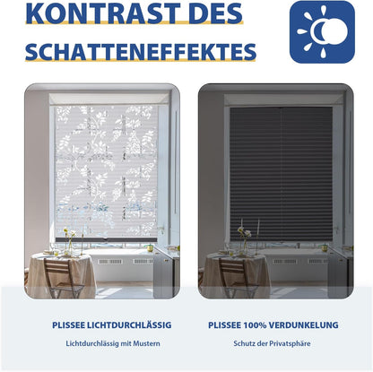 Sekey Pleated Blind Double Pleated Day+Night Blackout No Drilling Tensioned Light Protection Klemmfix Translucent Burnout Pattern 55 x 120 cm Print and Grey