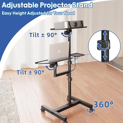 GSOW 2 Shelves Mobile Projector Stand, Rolling Laptop Stand Adjustable Height - Image 5
