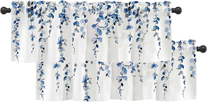 2 Pack Watercolor Blue Leaves Window Valance for Bedroom Living Room, Leaf Vine Plant Curtains Valanes for Windows, 3" Rod Pocket Window Treatment for Season Home Decorations, 54 x 18 Inch, 2 Panel