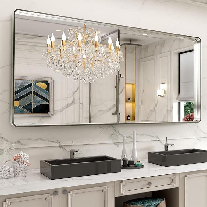 LOAAO 72X36 Inch Brushed Nickel Bathroom Mirror, Rounded Rectangle Silver Metal - Image 8