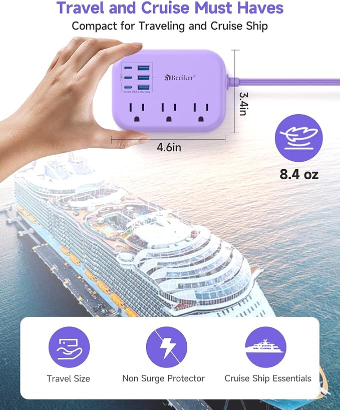 6 USB Purple Travel Power Strip- 5Ft Purple Extension Cord - Image 4