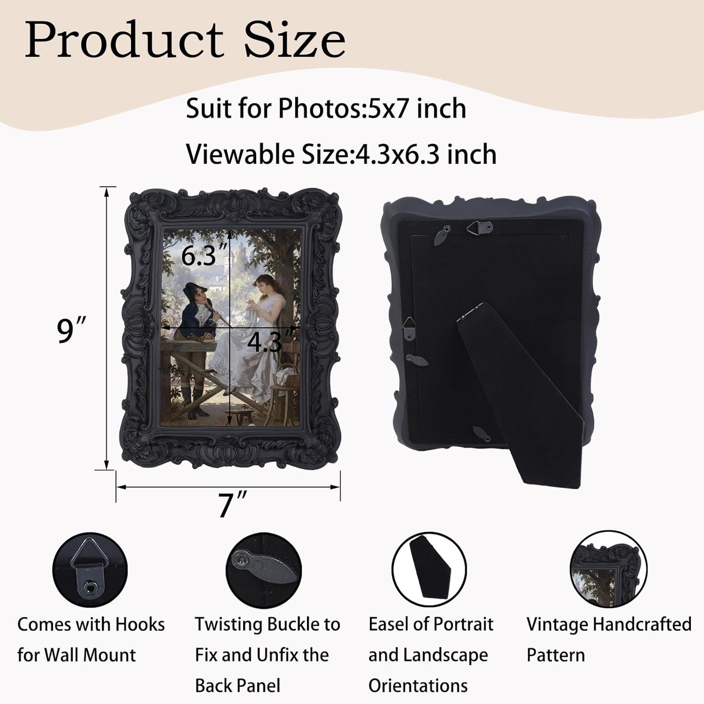 Antique Picture Frames 5x7 Vintage Victorian Ornate Picture Frames with Front Glass Wall Mount and Tabletop Gothic Home Decor Retro Gallery Wall Decor,1 Pack,Black