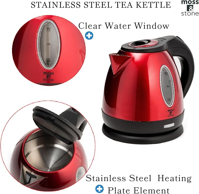 Moss & Stone 1.2L Stainless Steel Small Electric Kettle Red Color, Cordless - Image 5