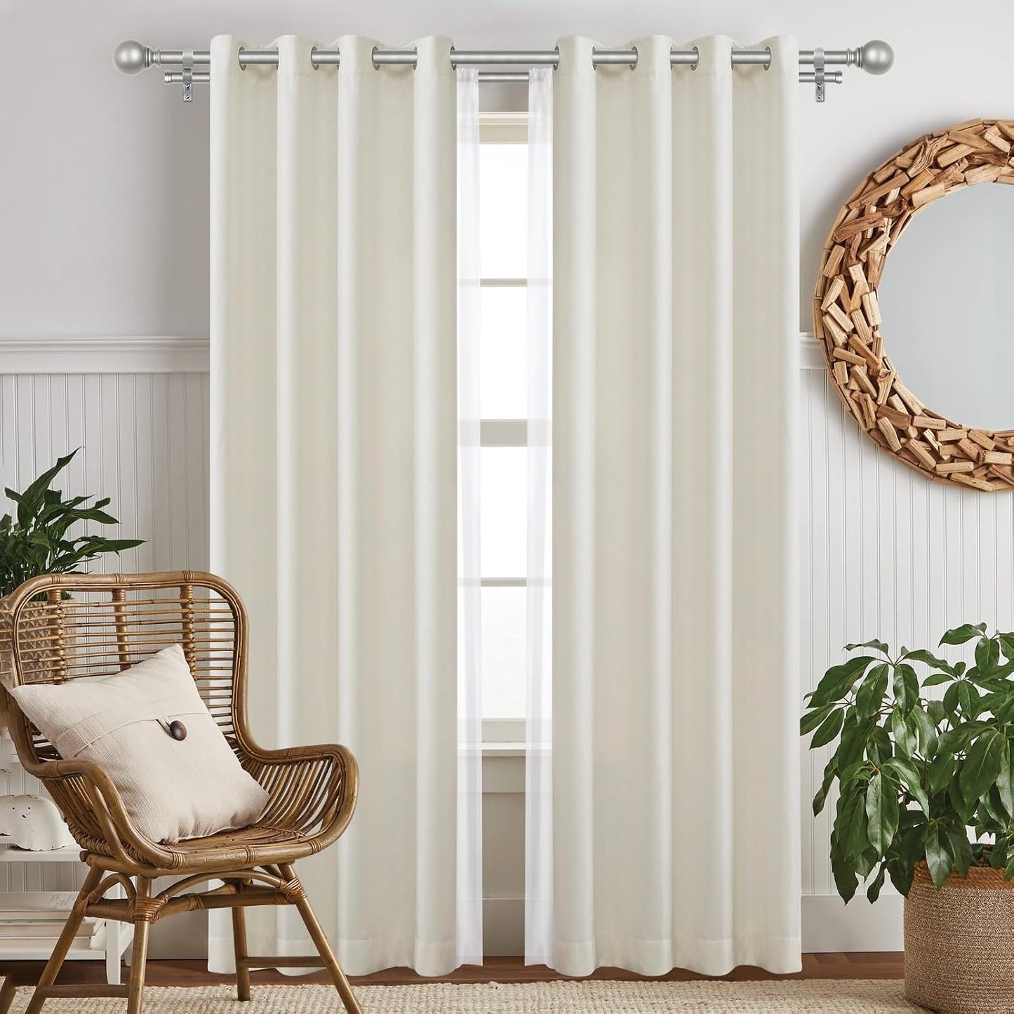 KAMANINA Double Curtain Rods 66 to 120 Inches, Adjustable, Antique Silver | Heavy Duty 1 Inch, Dual Drapery Rod for Sliding Glass Door, Bedroom, Fewer Rods, Easy Install, Decorative Round Finials