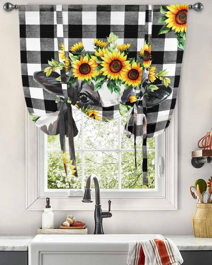 Tie Up Valance Yellow Sunflower Cow Window Curtain Shades Buffalo Check Plaid Black White for Kitchen Bathroom Living Room, Balloon Shade, 34"x45"