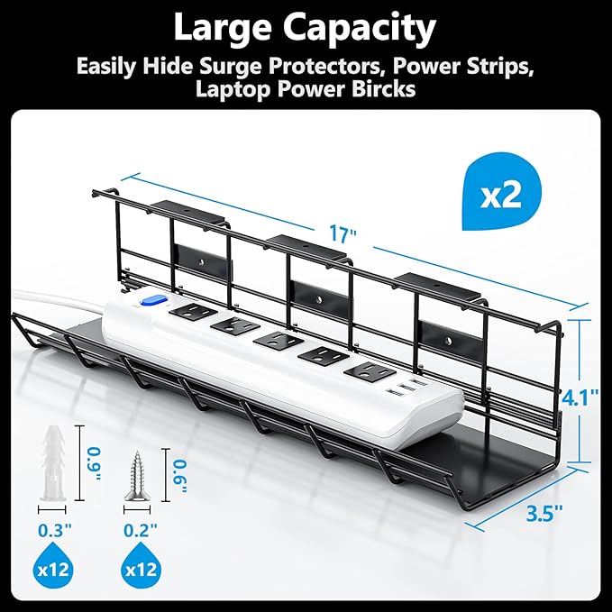 2 Pack DELAMU Under Desk Cable Management Tray, Metal Cord Cable Organizer - Image 2