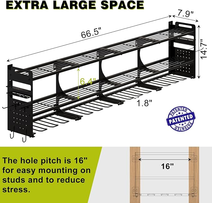 64" Power Tool Organizer Wall Mount, 16 Slots, 3-Tier Drill & Cordless Tool - Image 2