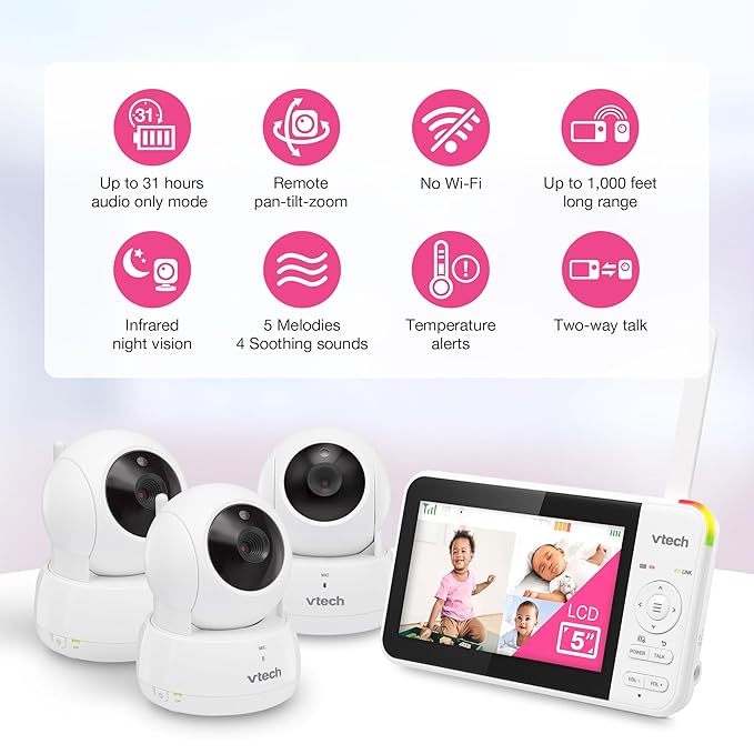 VTech Video Baby Monitor with 3 Cameras, Night Vision, 1000ft Range, - Image 2