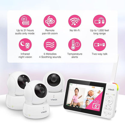 VTech Video Baby Monitor with 3 Cameras, Night Vision, 1000ft Range, - Image 2