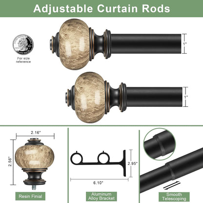 Double Curtain Rods for Window 72-144 Inch(6-12ft), Heavy Duty 1 Inch Front and 1 Inch Back Diameter Telescoping Drapery Rod with Resin Marbled Finials and Aluminum Alloy Brackets, Matte Black